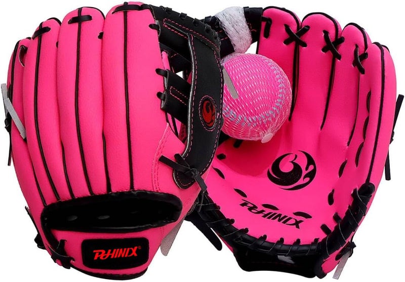 PHINIX 10" Baseball Glove Tee Ball Mitts and Soft Rubber Ball for Kids Beginner Play Training Right Hand Throw Pink - Image 1